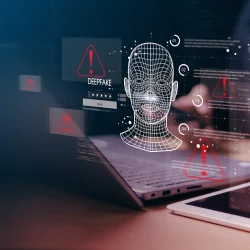 Cybersecurity concept showing a person using a laptop and tablet with a digital wireframe face, warning icons, and deepfake alerts symbolizing AI-driven fraud detection tools