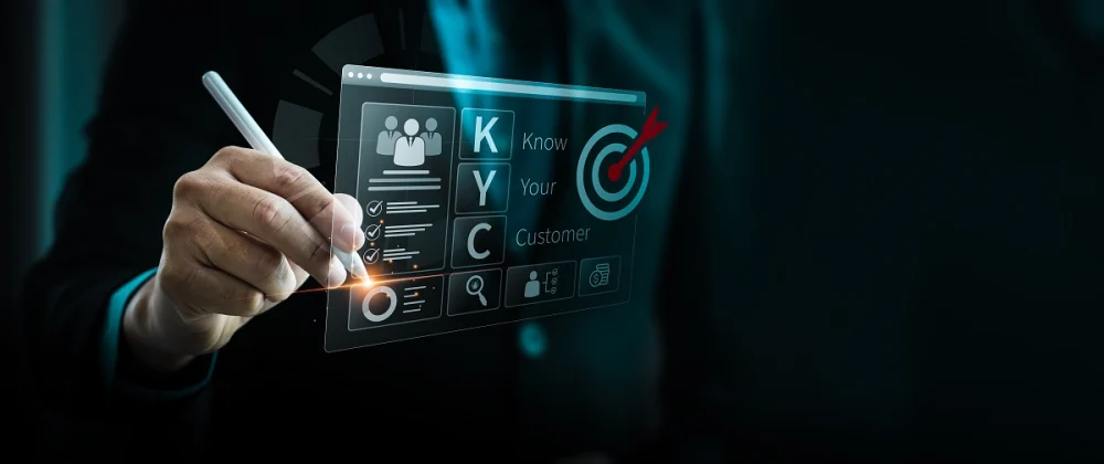 Business professional interacting with a digital interface labeled “KYC – Know Your Customer,” representing digital identity verification
