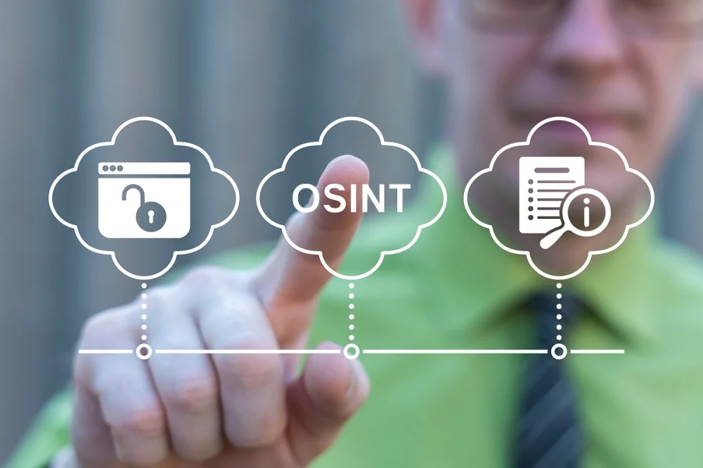 Individual pointing to virtual OSINT icons, illustrating the use of open-source intelligence to enhance KYC and CDD by uncovering hidden relationships and identity risks