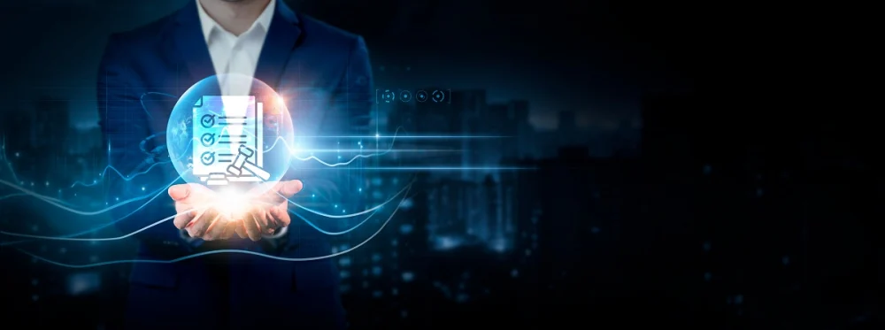 Business professional holding a glowing digital sphere with a compliance checklist icon, representing AML and KYC requirements for banks