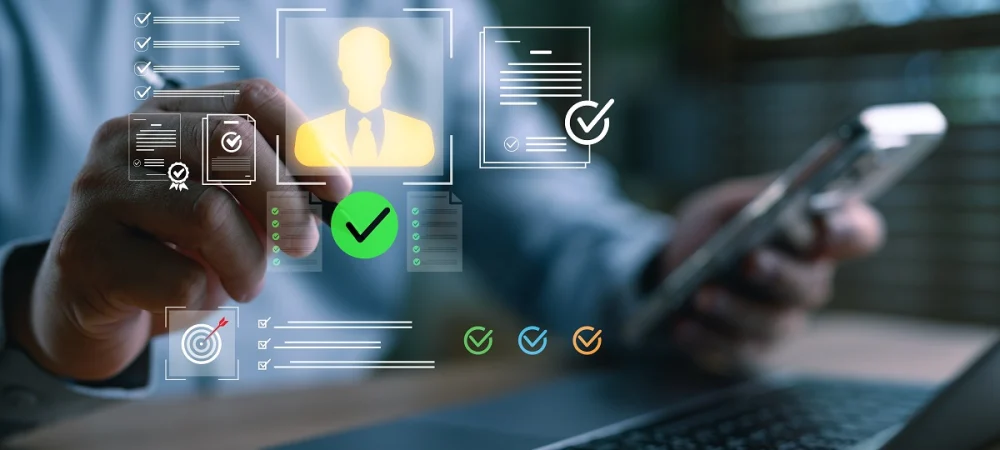 Businessperson using a laptop and smartphone with digital ID verification icons representing KYC and AML compliance