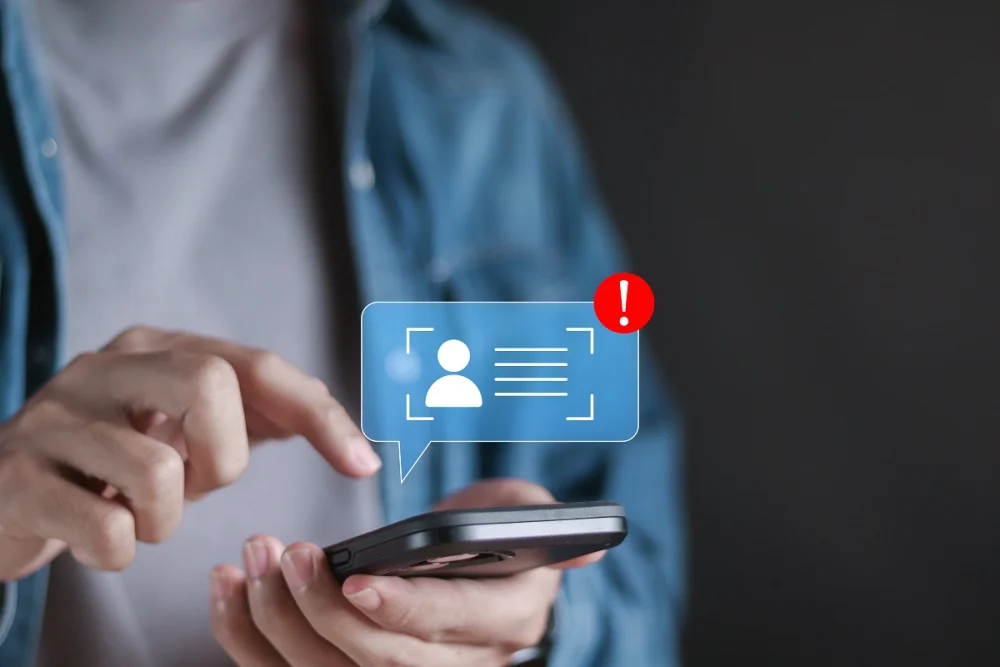 Person using smartphone for digital identity verification with an on-screen alert, symbolizing automated KYC verification