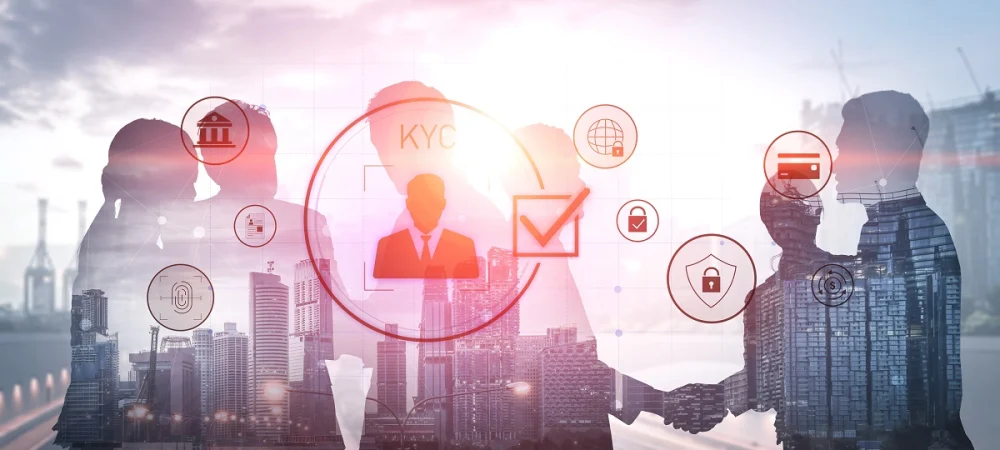 Financial professionals discussing KYC remediation workflow with digital icons illustrating identity verification, risk assessment, and compliance