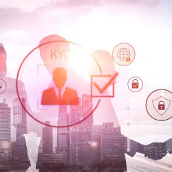 Financial professionals discussing KYC remediation workflow with digital icons illustrating identity verification, risk assessment, and compliance