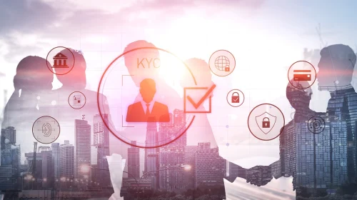 Financial professionals discussing KYC remediation workflow with digital icons illustrating identity verification, risk assessment, and compliance