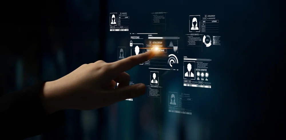 A person’s hand points to a digital screen displaying virtual identity profiles and access data, illustrating electronic identity verification and customer risk assessment in the KYC onboarding process