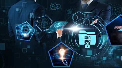 Business professionals reviewing digital intelligence dashboards with cybersecurity icons, symbolizing decision-grade OSINT, data protection, and investigative workflows