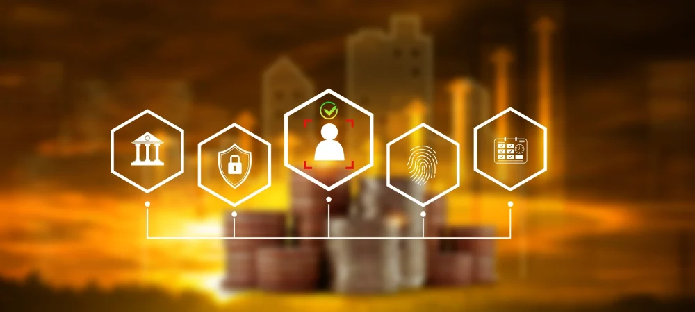 shutterstock_2683753123 Abstract background with icons for banking, identity verification, fingerprint, and compliance, symbolizing the end-to-end KYC verification process