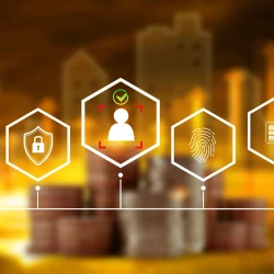 Abstract background with icons for banking, identity verification, fingerprint, and compliance, symbolizing the end-to-end KYC verification process