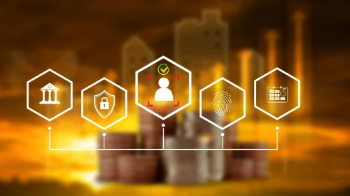 Abstract background with icons for banking, identity verification, fingerprint, and compliance, symbolizing the end-to-end KYC verification process
