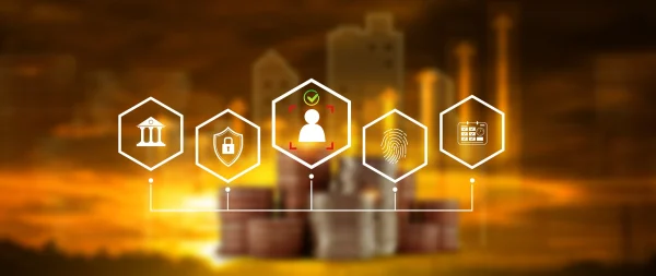 Abstract background with icons for banking, identity verification, fingerprint, and compliance, symbolizing the end-to-end KYC verification process