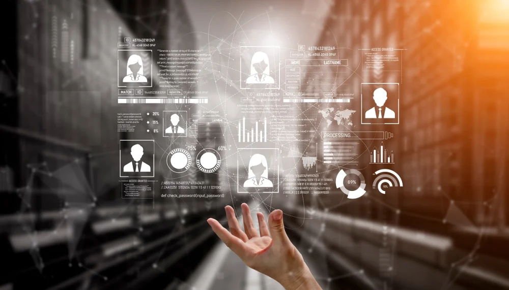 Hand interacting with digital identity analytics and profile data, symbolizing OSINT-powered KYC integration in financial compliance