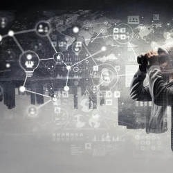 Security analyst with binoculars viewing network activity