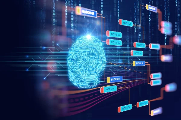 Digital fingerprint surrounded by data nodes and binary code, representing KYC identity verification and early detection of synthetic identities